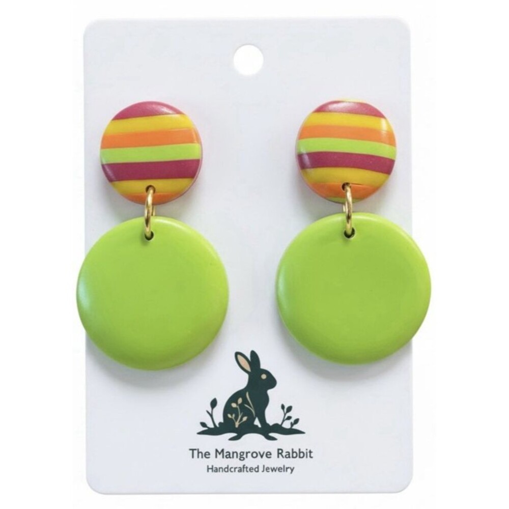 Handmade Lime Green & Rainbow Striped 2 pc Round Polymer Clay Dangle Earrings - Picture 4 of 8